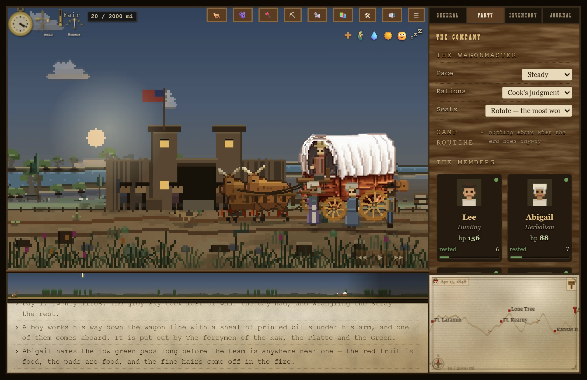 The company roster: five travelers with attributes, trade, temper, fitness and morale, each a person with a sheet.