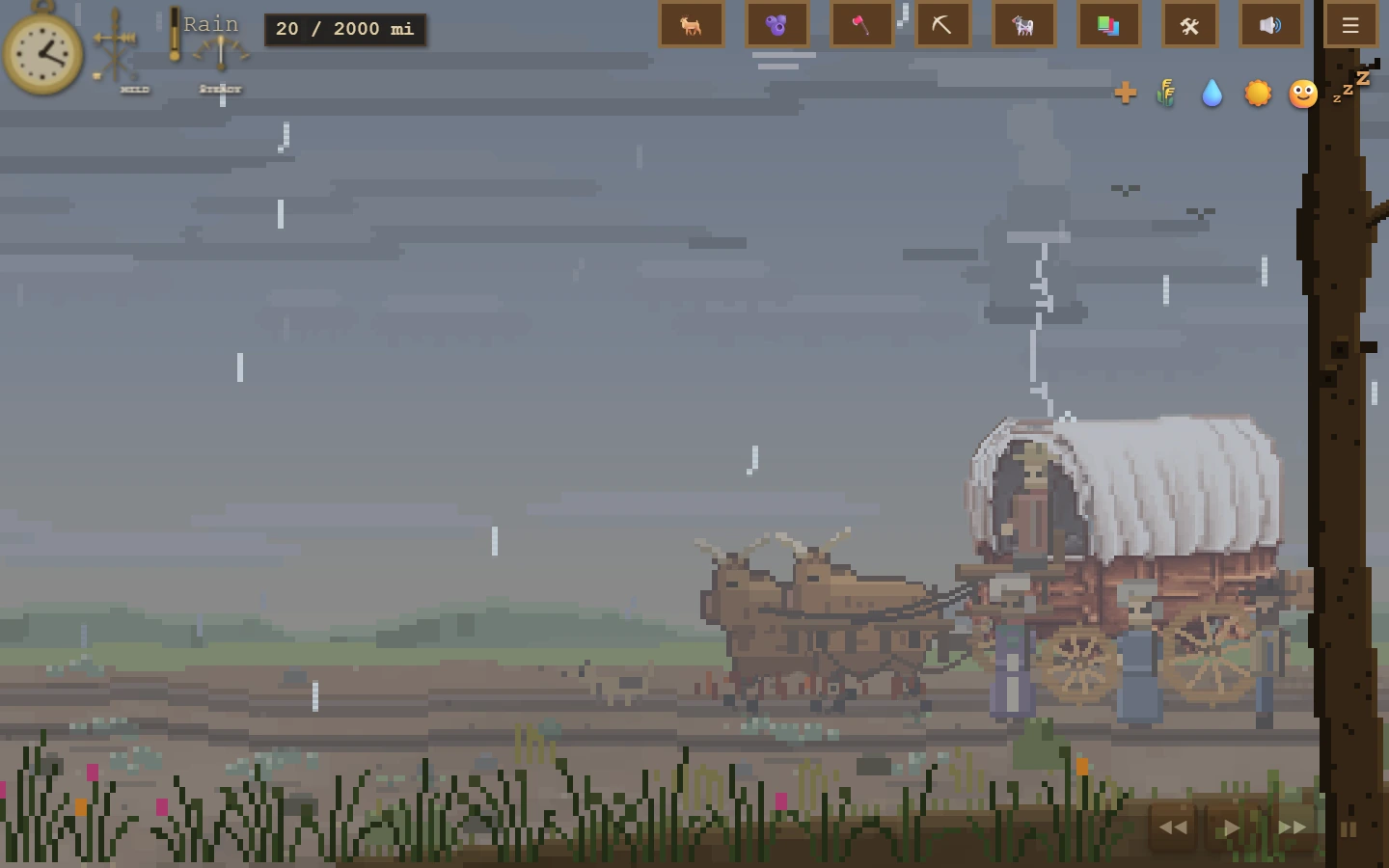 A storm over the plains, lightning terminating on the skyline ahead of the wagon.